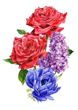 Çiçek buketi, şakayık, gül, leylak, suluboya botanik illüstrasyon