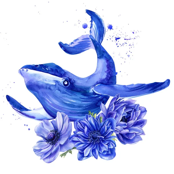 Skład zwierząt morskich, wielorybów i kwiatów anemonowych. Rysunki akwareli na białym tle. — Zdjęcie stockowe