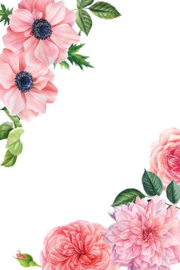 Tebrik kartı, beyaz bir arka planda tatil davetiyesi. Suluboya narin çiçekler şakayıklar, güller