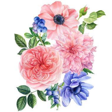 Beyaz arka planda bir buket çiçek. Suluboya narin çiçekler şakayıklar, güller, yıldız çiçekleri, yabanmersinleri