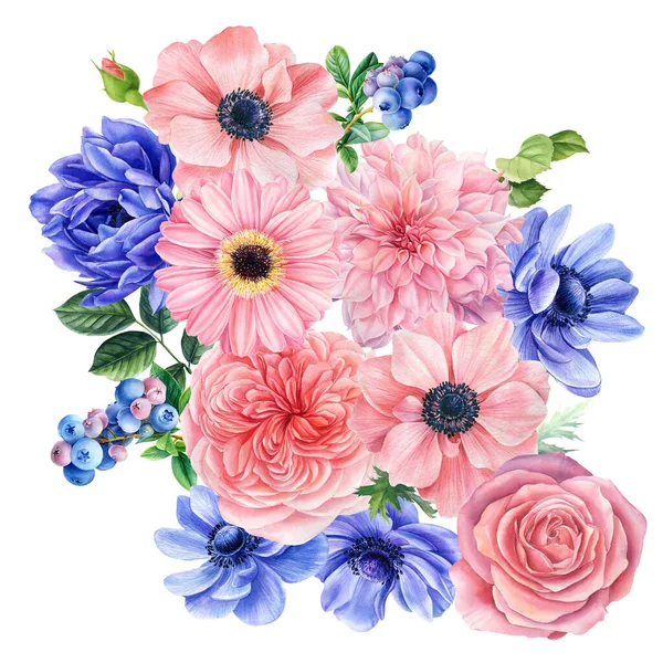 하얀 배경에 꽃다발을 놓는다. 수채화처럼 섬세 한 꽃들, 장미, 달리아, 블루베리 — 스톡 사진
