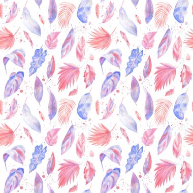 Palm Leaves 'ten modaya uygun, pürüzsüz desenler. Suluboya resim. Pembe ve mor