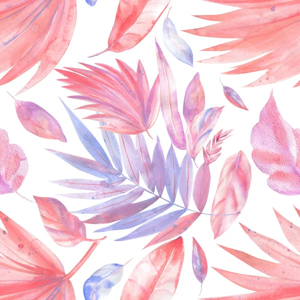 Εξωτικά φυτά. Υδατογραφία ροζ, λιλά, κοραλλιογενή τροπικά φύλλα, χωρίς ραφές σχέδια — Φωτογραφία Αρχείου