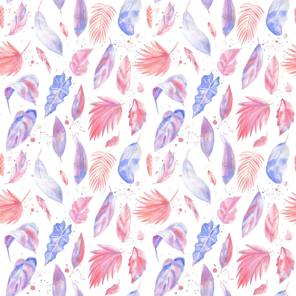 Modne bezszwowe wzory z liści palmowych. Malowanie akwarelami. Różowy i fioletowy — Zdjęcie stockowe