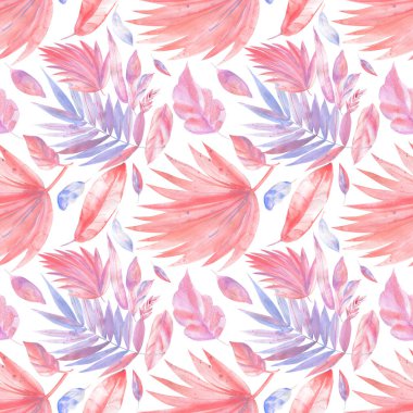 Kusursuz desenler. Suluboya pembe ve leylak, mercan rengi, tropikal yapraklar