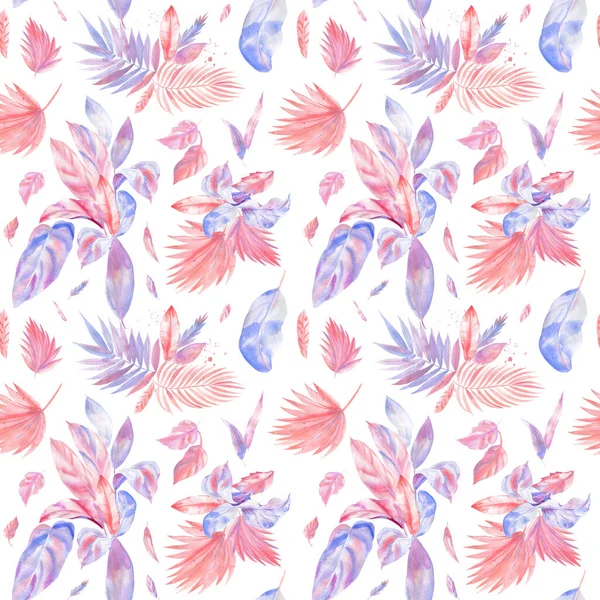 Trendige Blätter von Palmen. Aquarellmalerei. Rosa und lila tropische Blätter, digitales Papier — Stockfoto