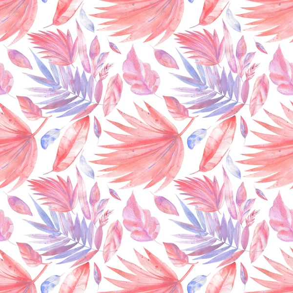 Płynne wzory. Akwarela różowa i liliowa, kolor koralowy, liście tropikalne — Zdjęcie stockowe
