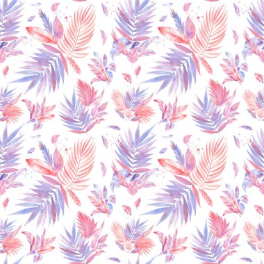 Pembe tropik yapraklar, egzotik bitkiler, suluboya resim, dijital kağıt. Kusursuz desenler.