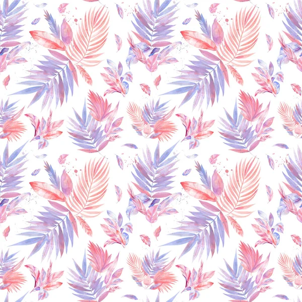 Pink tropical leaves, exotic plants, watercolor painting, digital paper. Seamless patterns. — Stock Photo, Image