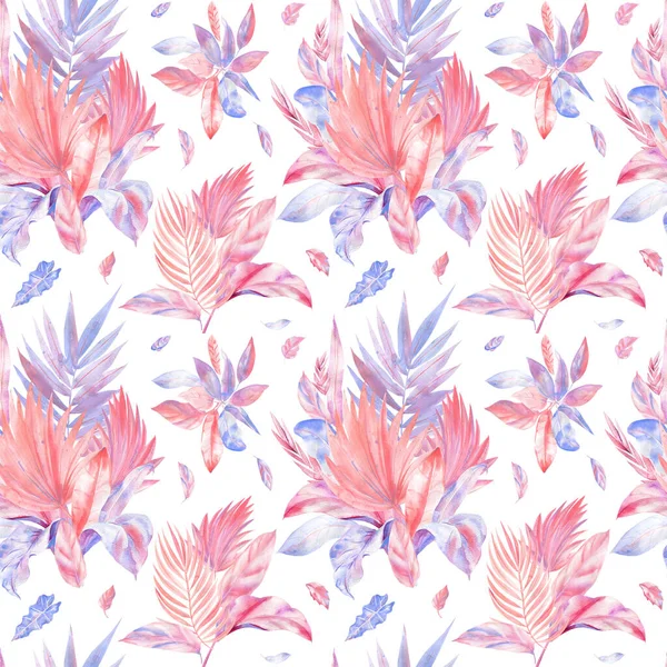 Palmblad. Akvarellmålning. Rosa, lila tropiskt digitalt papper. Sömlösa mönster — Stockfoto