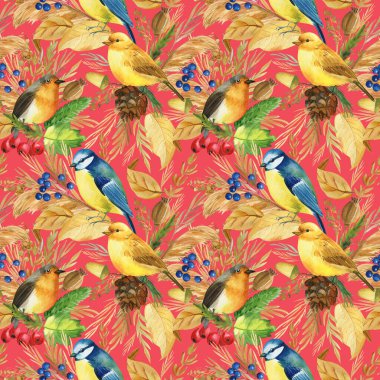 Kusursuz desen. Saka kuşu, meme faresi, kanarya, bülbül kuşu. Yapraklar ve bitkiler suluboya, izole edilmiş kırmızı arkaplan