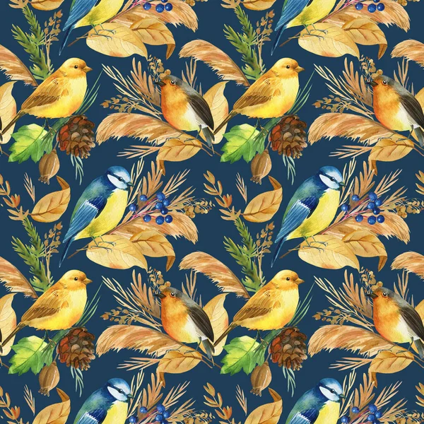 鳥のタイマウス、カナリア、ロビンとシームレスなパターン。秋の紅葉水彩、隔離された海軍青の背景 — ストック写真