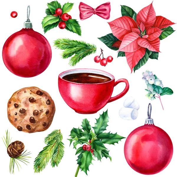 Christmas and New Year symbol decorative elements. Watercolor poinsettia flowers, holly branches, cup, cookies, balls — Stock Photo, Image