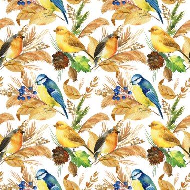 Kuş baştankara kuşlarında kusursuz desen, Robin. Sonbahar yaprakları suluboya, izole arkaplan, el çizimi