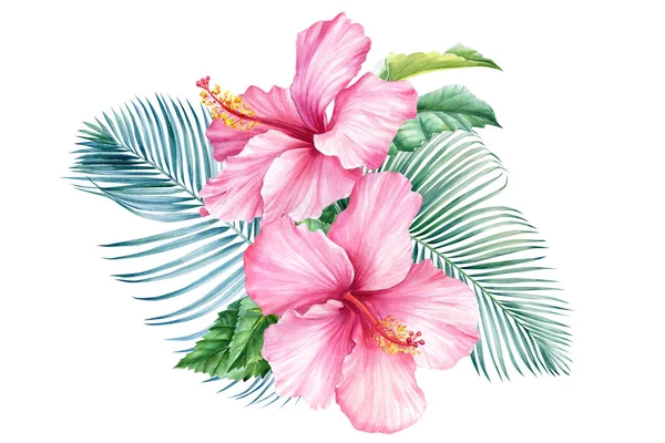 Virágok és pálmalevelek, hibiszkusz, elszigetelt fehér háttér, csokor akvarell illusztráció — Stock Fotó