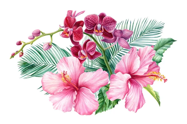 Bukiet kwiatów i liści palmy, orchidea, hibiskus, na odizolowanym białym tle, Ilustracja akwarela — Zdjęcie stockowe