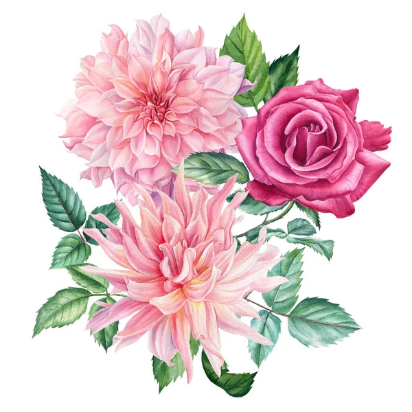 Buquê de flores rosa dahlia e rosas, fundo branco isolado, ilustração botânica aquarela — Fotografia de Stock