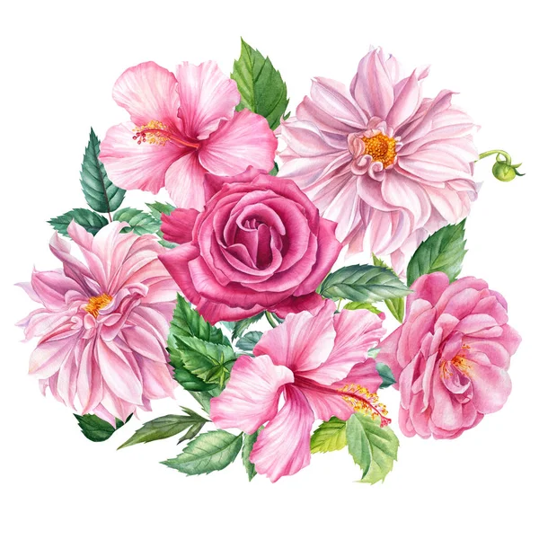Μπουκέτο με ροζ ντάλια, ιβίσκος, τριαντάφυλλα λουλούδια, απομονωμένο λευκό φόντο, ακουαρέλα βοτανική απεικόνιση — Φωτογραφία Αρχείου
