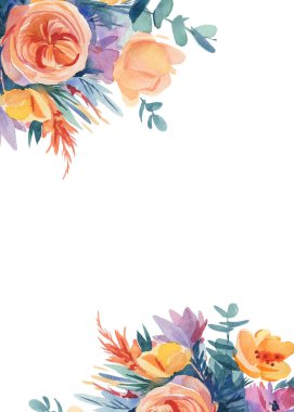 Bir buket soyut çiçek, tebrik kartı, davetiye, sonbahar kompozisyonu, suluboya resim