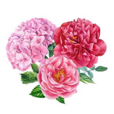 Zarif suluboya çiçekleri, gül buketi, şakayık, ortanca