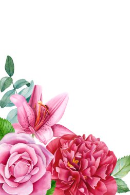 Tebrik kartı, davetiye. Suluboya çiçekler, gül buketi, şakayık ve zambak