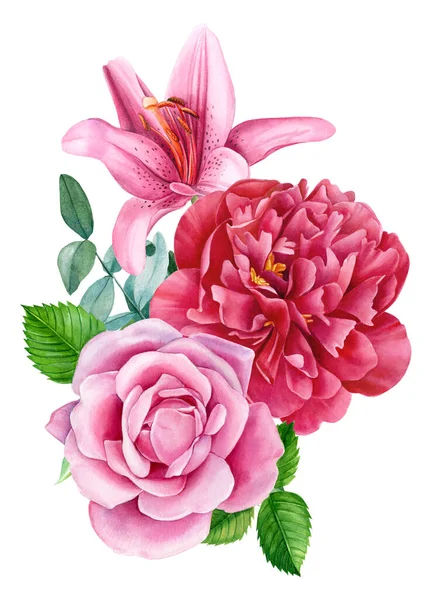 Flores cor-de-rosa aquarela, buquê de rosa, peônia, lírio — Fotografia de Stock