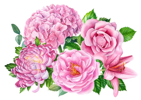 Bouquet rose de fleurs aquarelles, roses, hortensias, chrysanthèmes, lys et feuilles d'eucalyptus — Photo
