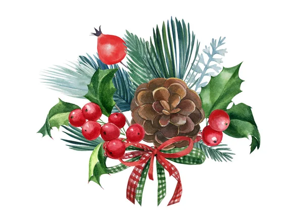 Ozdoba świąteczna, pocztówka, stożek i ostrokrzew, odizolowane białe tło, rysunki akwareli, świąteczny design — Zdjęcie stockowe