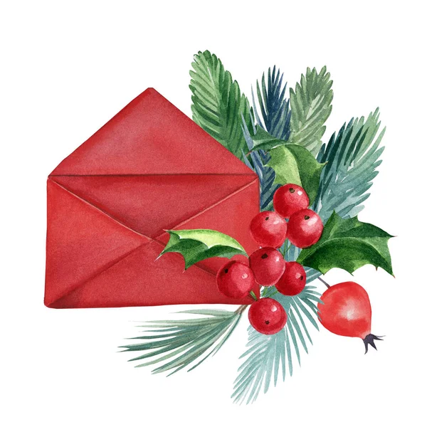 Kerstversiering, rode envelop geïsoleerde witte achtergrond, aquareltekeningen, feestelijk ontwerp — Stockfoto