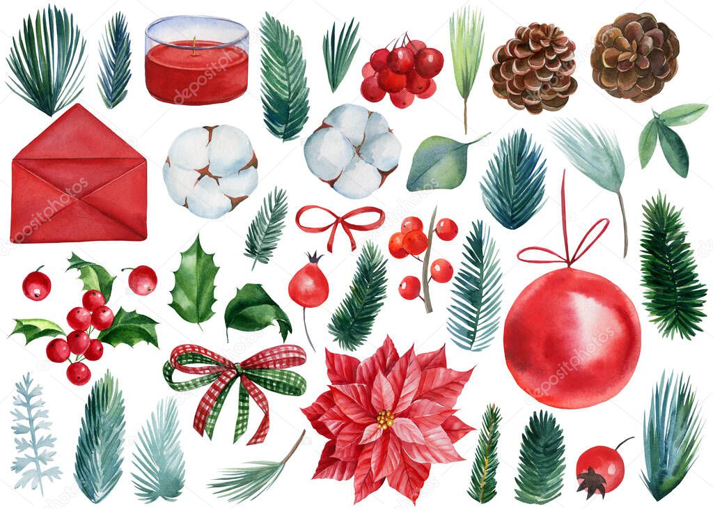 Christmas set, Christmas ball, pine cone, cotton, berries on isolated white background, watercolor drawings