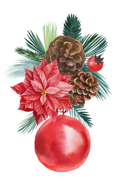 Acquerello composizione natalizia. Palla di Natale su sfondo bianco isolato, design festivo — Foto Stock