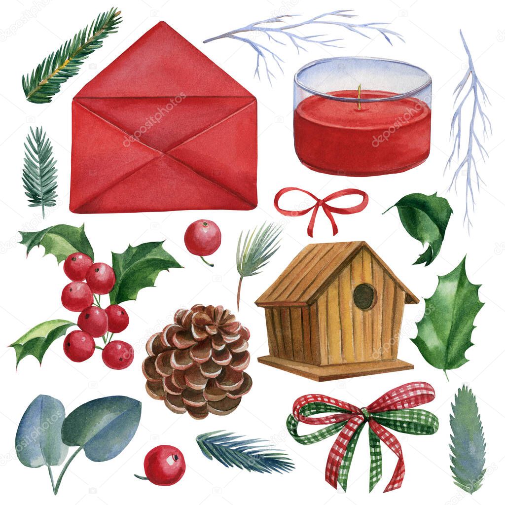 Christmas set of envelope, bow, candle, pine cones, holly on an isolated white background, watercolor drawings