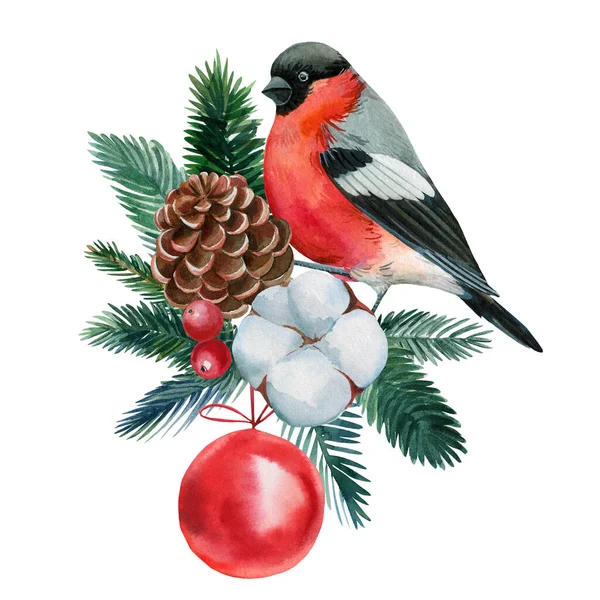Υδατογραφία Χριστουγεννιάτικη σύνθεση. Χριστουγεννιάτικη μπάλα και bullfinch πουλί σε απομονωμένο λευκό φόντο, εορταστική σχεδίαση — Φωτογραφία Αρχείου