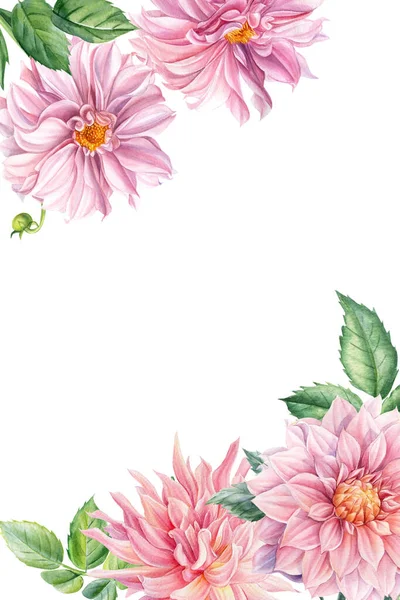 Greeting card, invitation, postcard with dahlia flowers on isolated white background, watercolor botanical — Stock Photo, Image