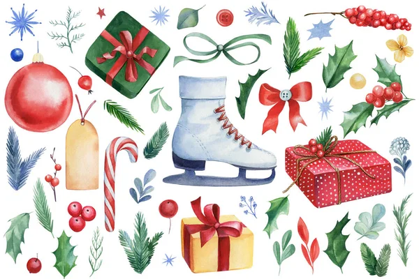 Set van Kerst elementen, aquarel illustratie, schaatsen, boog, dennen takken, lolly, hulst, rode bal, cadeau — Stockfoto