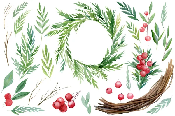 Weihnachten Set von Aquarellmustern auf isoliertem weißem Hintergrund, Zweige, Laubkranz, rote Beeren, Stechpalme — Stockfoto