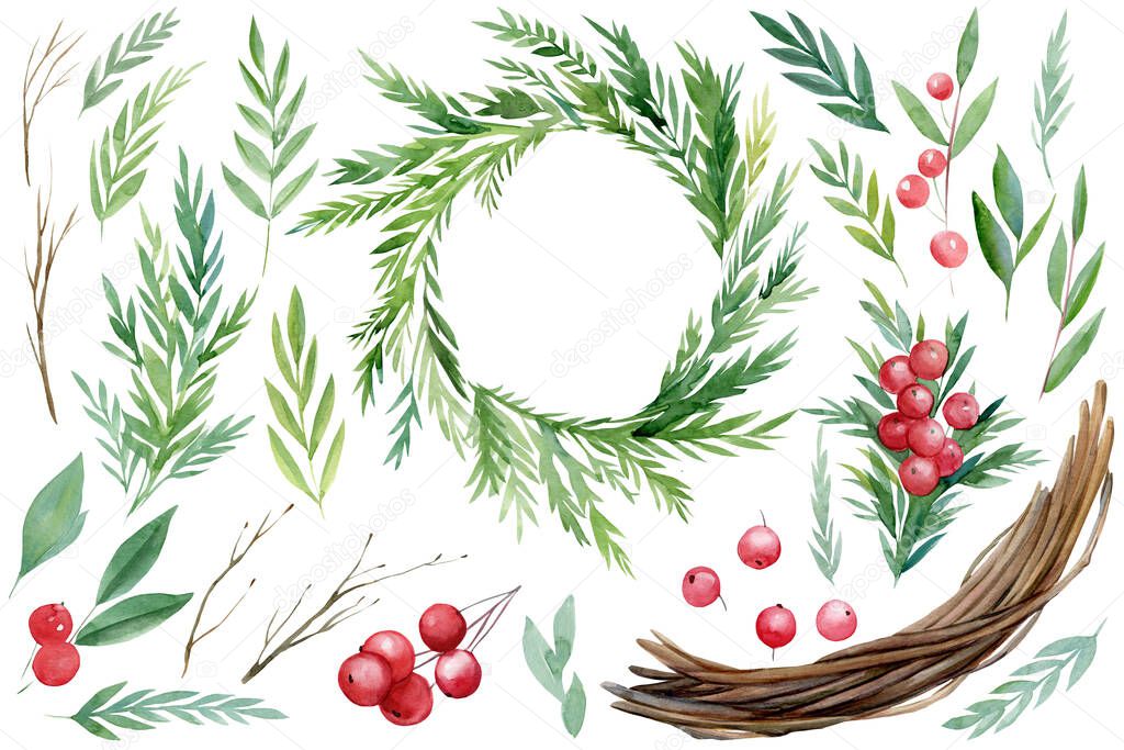 Christmas set of watercolor patterns on isolated white background, branches, wreath of leaves, red berries, holly