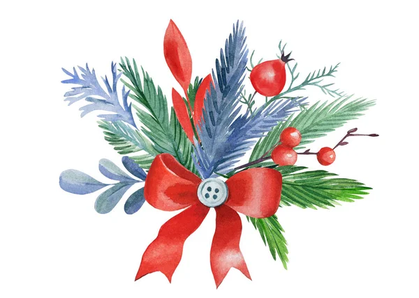 Bouquet de Noël de feuilles et branches, baies rouges sur fond blanc isolé, dessin aquarelle — Photo