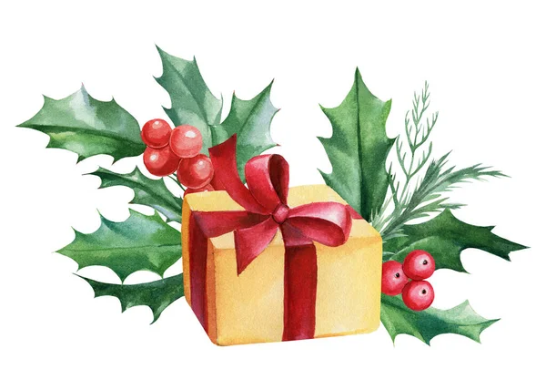 Composición navideña de regalo, bayas rojas, acebo sobre un fondo blanco aislado, dibujo de acuarela — Foto de Stock