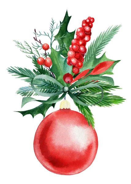 Decoração festiva de folhas e ramos, bola de Natal no fundo branco isolado, desenho aquarela — Fotografia de Stock