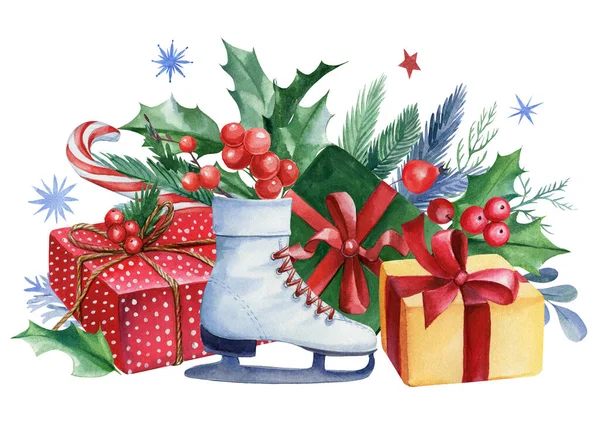 Weihnachtsgeschenke auf isoliertem weißem Hintergrund, Aquarell-Illustration, Schlittschuhe, Bogen, Zweige, Lutscher, Stechpalme — Stockfoto