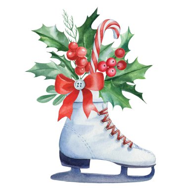 Holly 'nin Noel süslemesi, lolipop, izole edilmiş beyaz arka planda buz patenleri, suluboya çizimler.