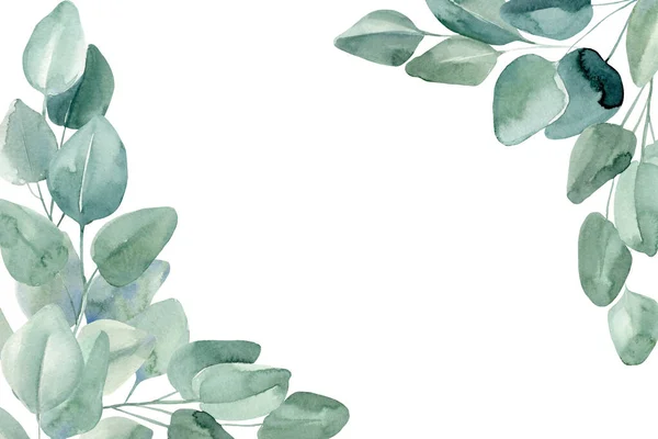 Grußkarte, Einladung, Postkarte mit Eukalyptus auf isoliertem weißem Hintergrund, Aquarell-Illustration — Stockfoto