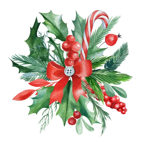 Weihnachtskomposition aus Blättern, Lutscher, roten Beeren, Schleife auf isoliertem weißem Hintergrund, Aquarellzeichnung — Stockfoto