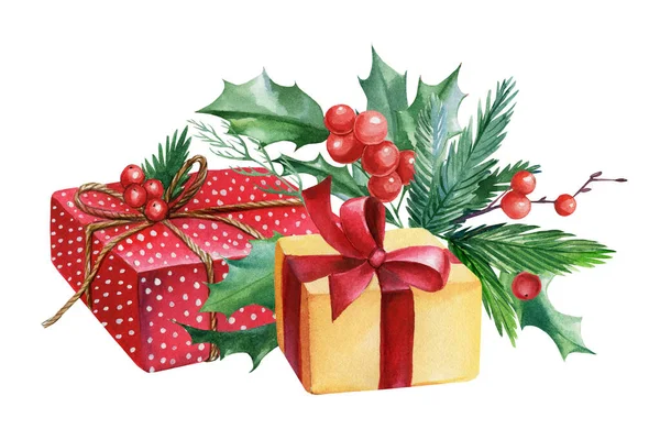 Kerst samenstelling van hulst, cadeau, rode bessen op een geïsoleerde witte achtergrond, aquarel tekening — Stockfoto
