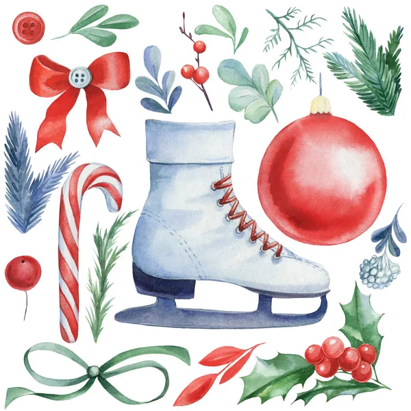 Elementos navideños, acuarela ilustración, patines de hielo, arco, ramas de abeto, piruleta, acebo, bola roja —  Fotos de Stock