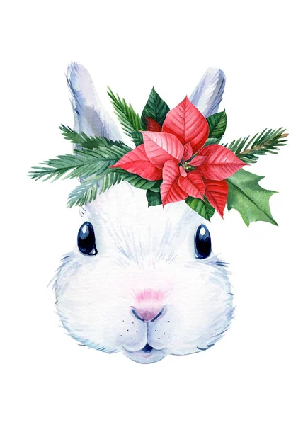 Coniglietto. Biglietto natalizio, sfondo isolato, disegni ad acquerello. — Foto Stock