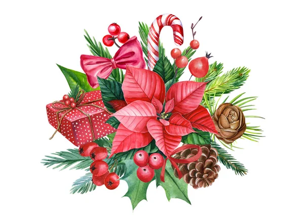 Composición navideña, dibujos en acuarela. flores, ramas de abeto, acebo, piruletas, regalo — Foto de Stock