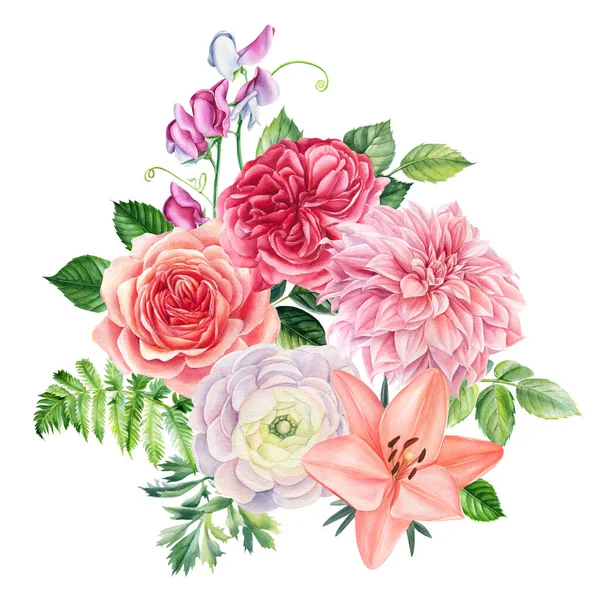 Biglietto di auguri con fiori. Rose, gigli, anemoni, piselli dolci, ranuncoli, disegni ad acquerello dalia. — Foto Stock