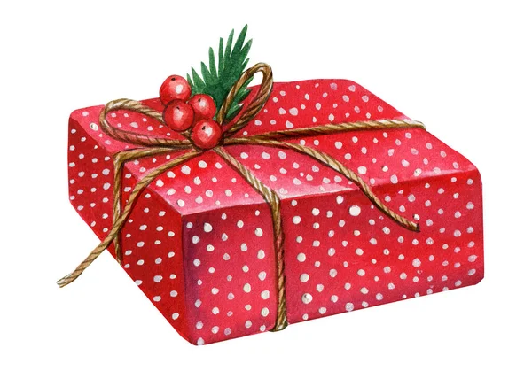 Caja de Navidad sobre fondo blanco aislado, ilustración de acuarela. —  Fotos de Stock